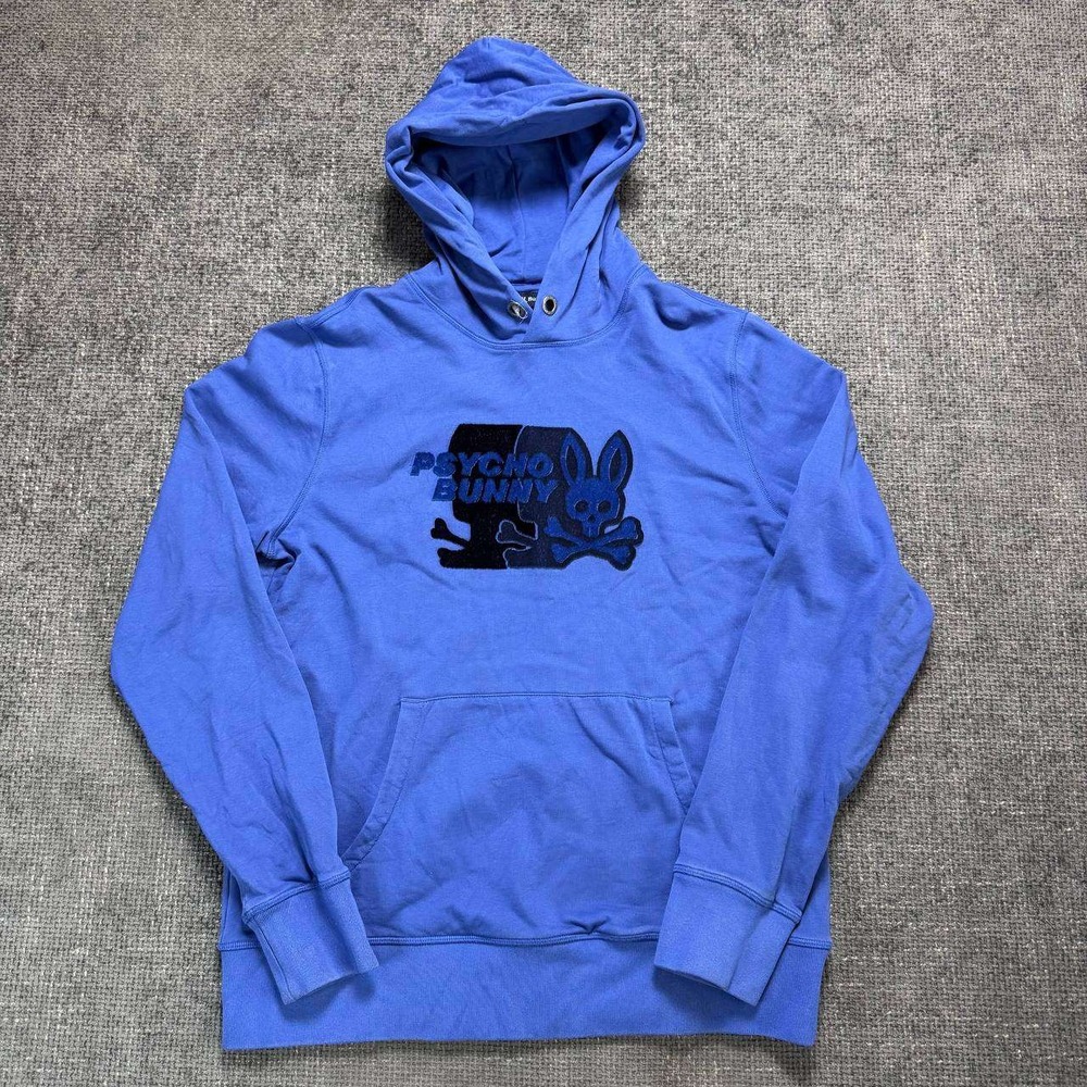 Psycho Bunny Pullover Hoodie Mens Medium Blue Chenille Skull Logo Streetwear